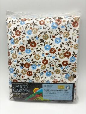 Vintage Sears Calico Garden Queen Fitted Sheet Floral Percale NOS Cottagecore